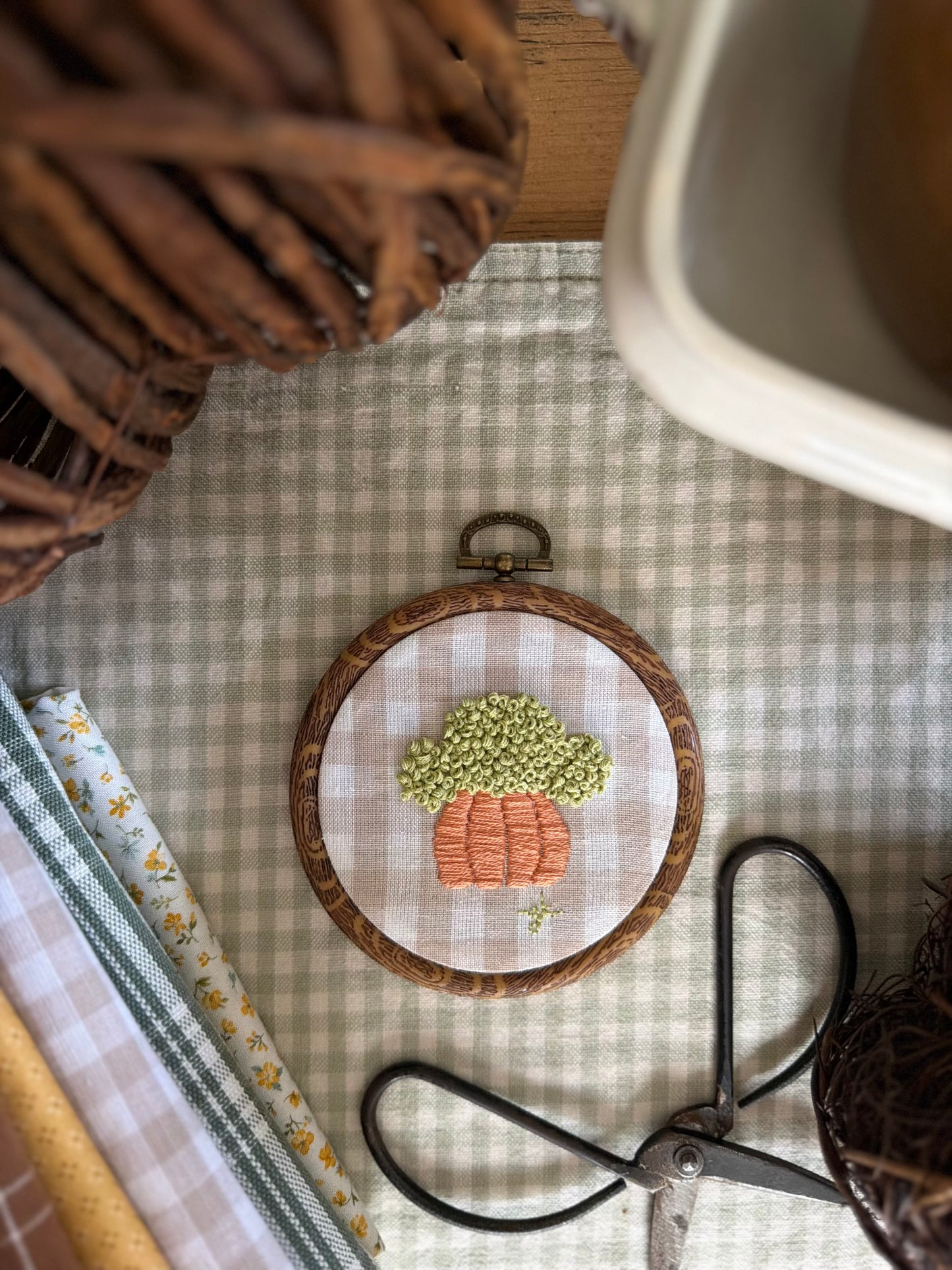 Pumpkin filled with Hydrangeas on Gingham Fabric Embroidery Magnet