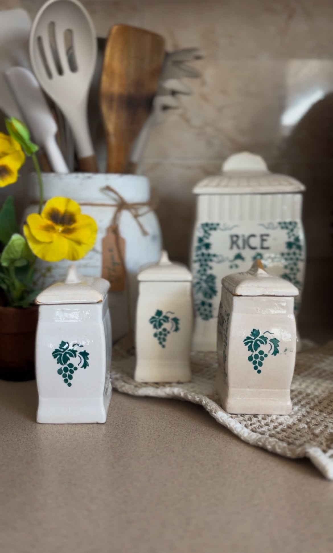 Ceramic Canister Set made in Germany (ginger sold. Rice, cloves, and cinnamon left)