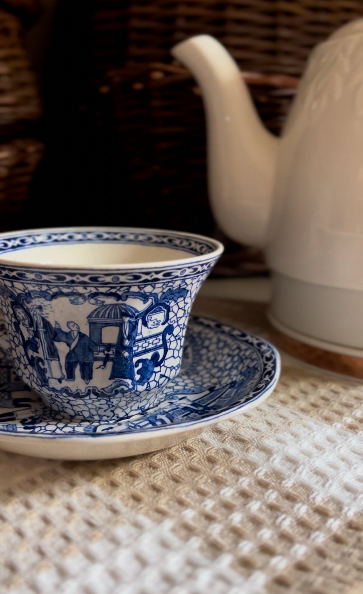 Vintage William Adams Blue and White English Teacup and Saucer with the Chinese Bird Pattern (3 left)