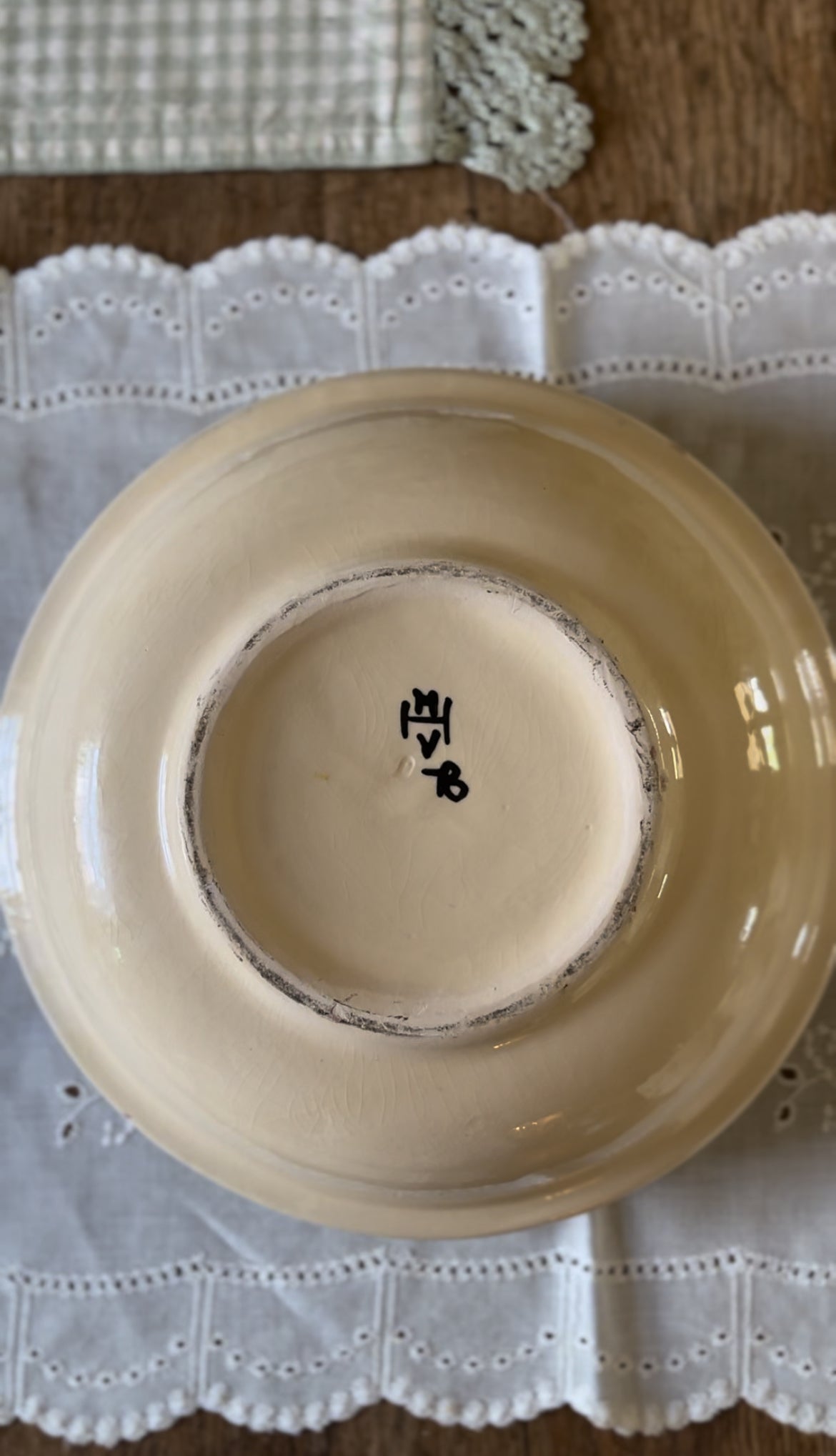 Hungarian Slipware Pottery Mixing Bowl with Pink Floral Rim