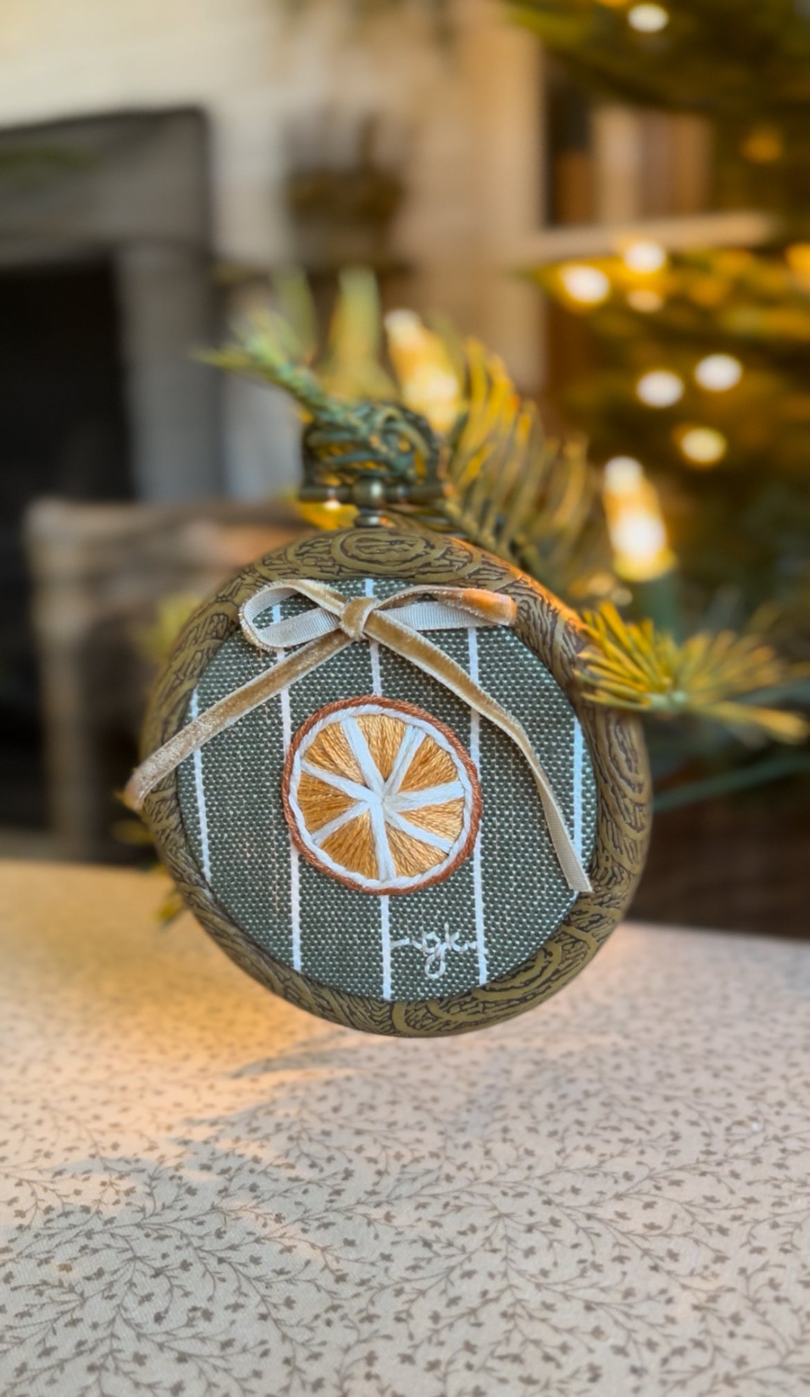 Small Dried Orange Green Striped Embroidery Ornament