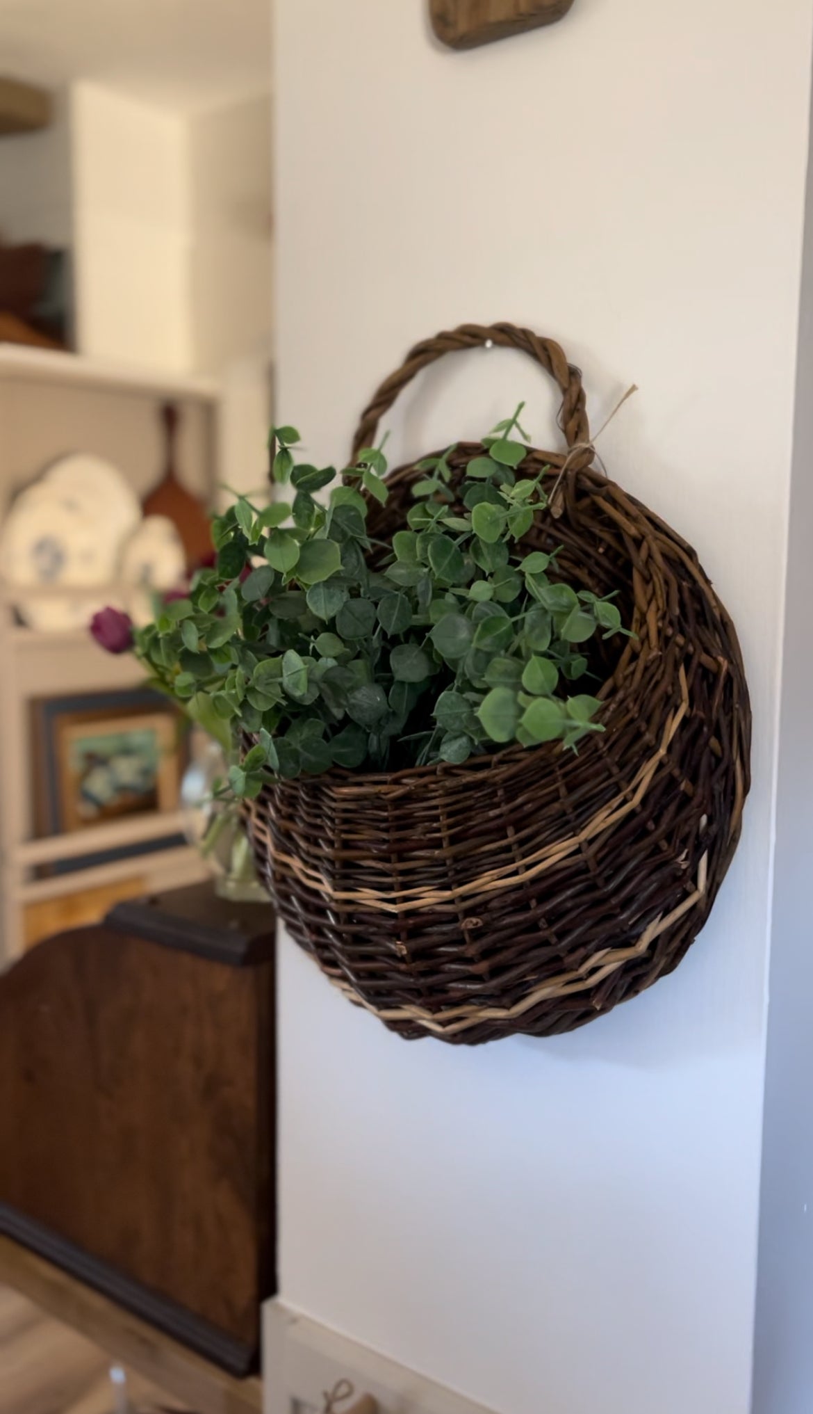 Large Two-Toned Woven Stick Hanging Basket (greenery included)