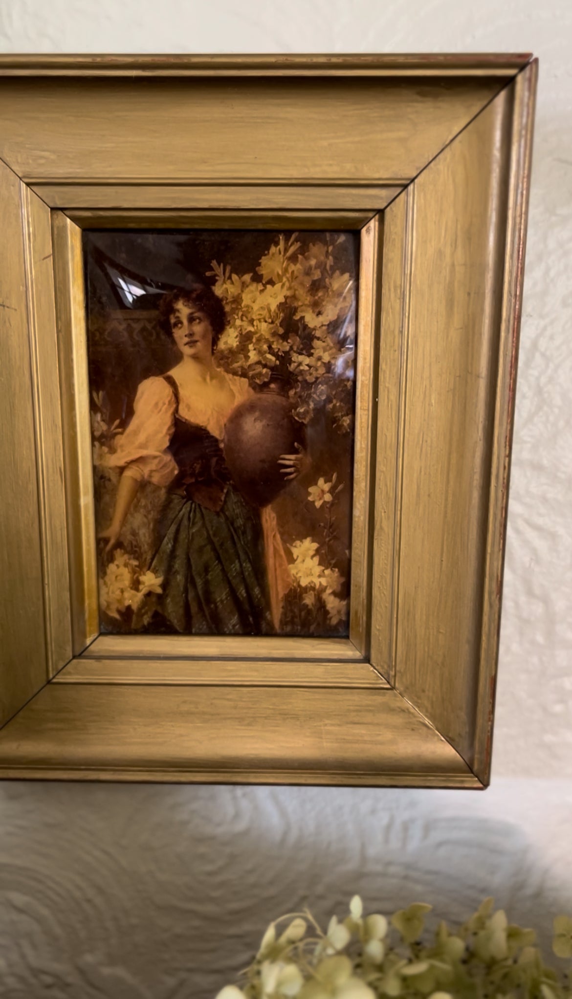 L Rudolph Rochefort Restored Portrait of Woman Holding Vase of Flowers in a Gold-painted Wooden Frame