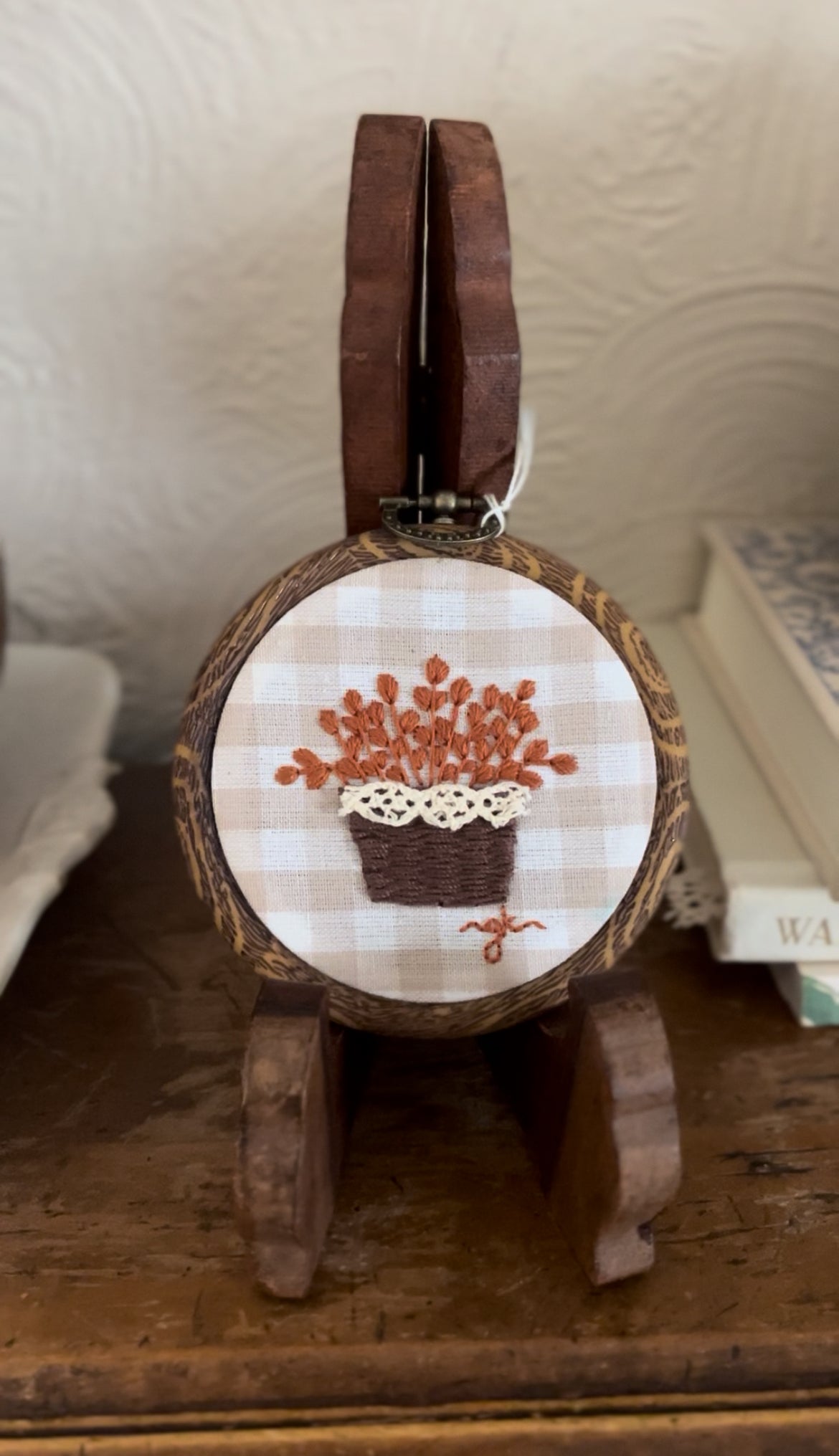 Small Basket of Fall Leaves on Gingham Fabric Embroidery Magnet