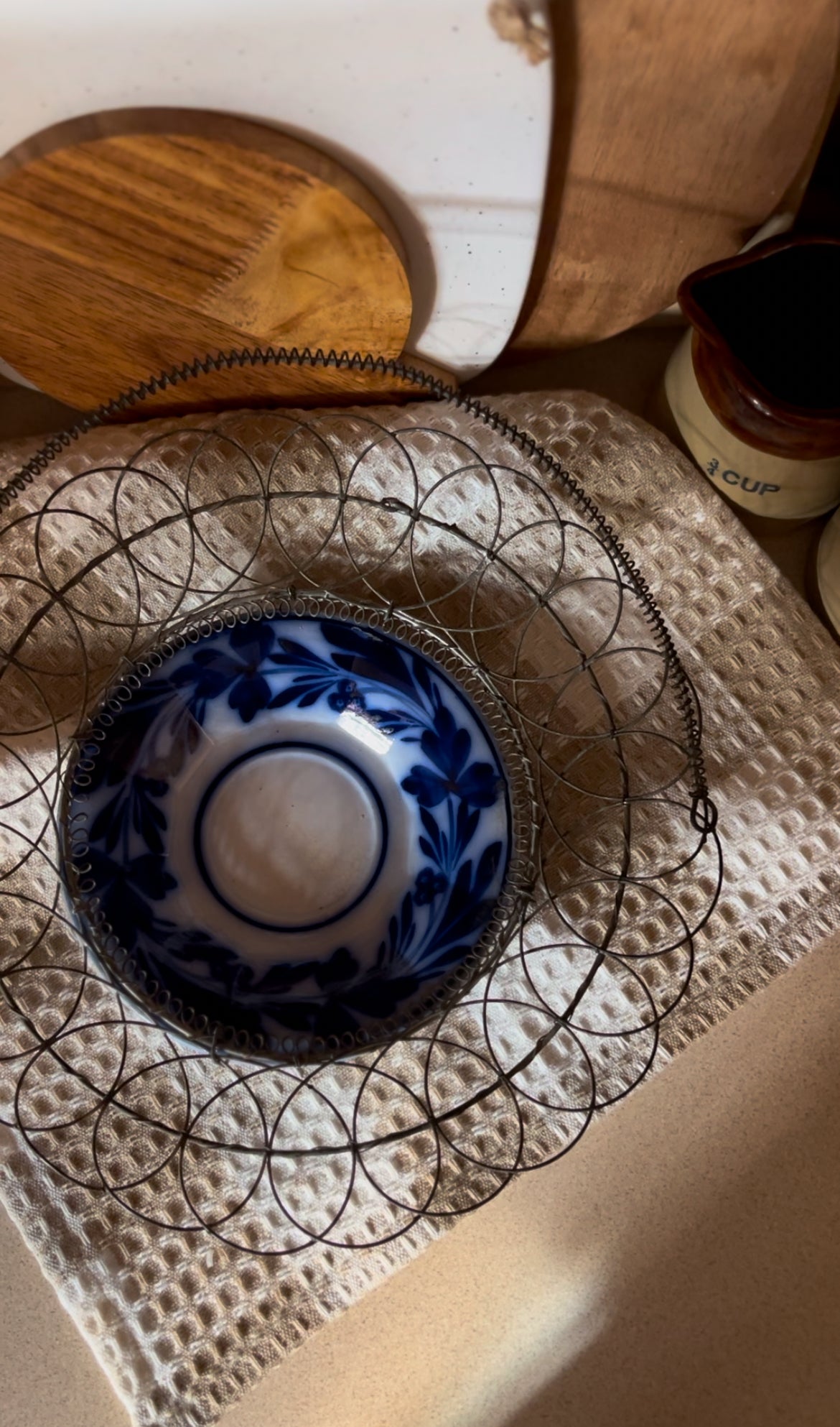 Antique French Wire Basket with Flow Blue Opaque Sarreguemines Plate