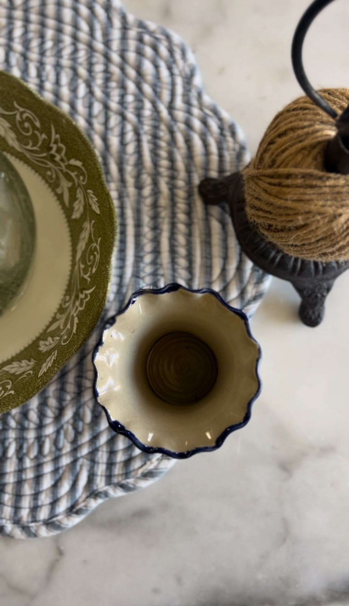 Williamsburg Pottery Blue Flower Ruffle Stoneware Vase (flowers not included)