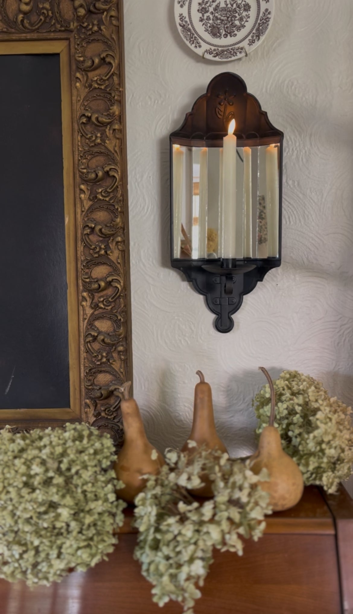 Primitive Black Metal Glass Backing Candle Sconce