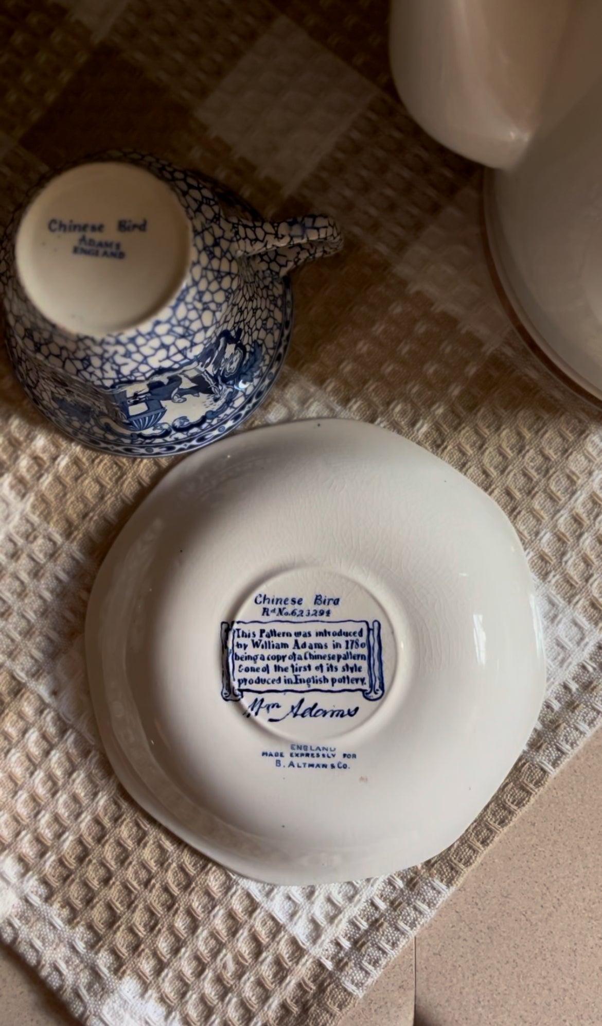 Vintage William Adams Blue and White English Teacup and Saucer with the Chinese Bird Pattern (3 left)