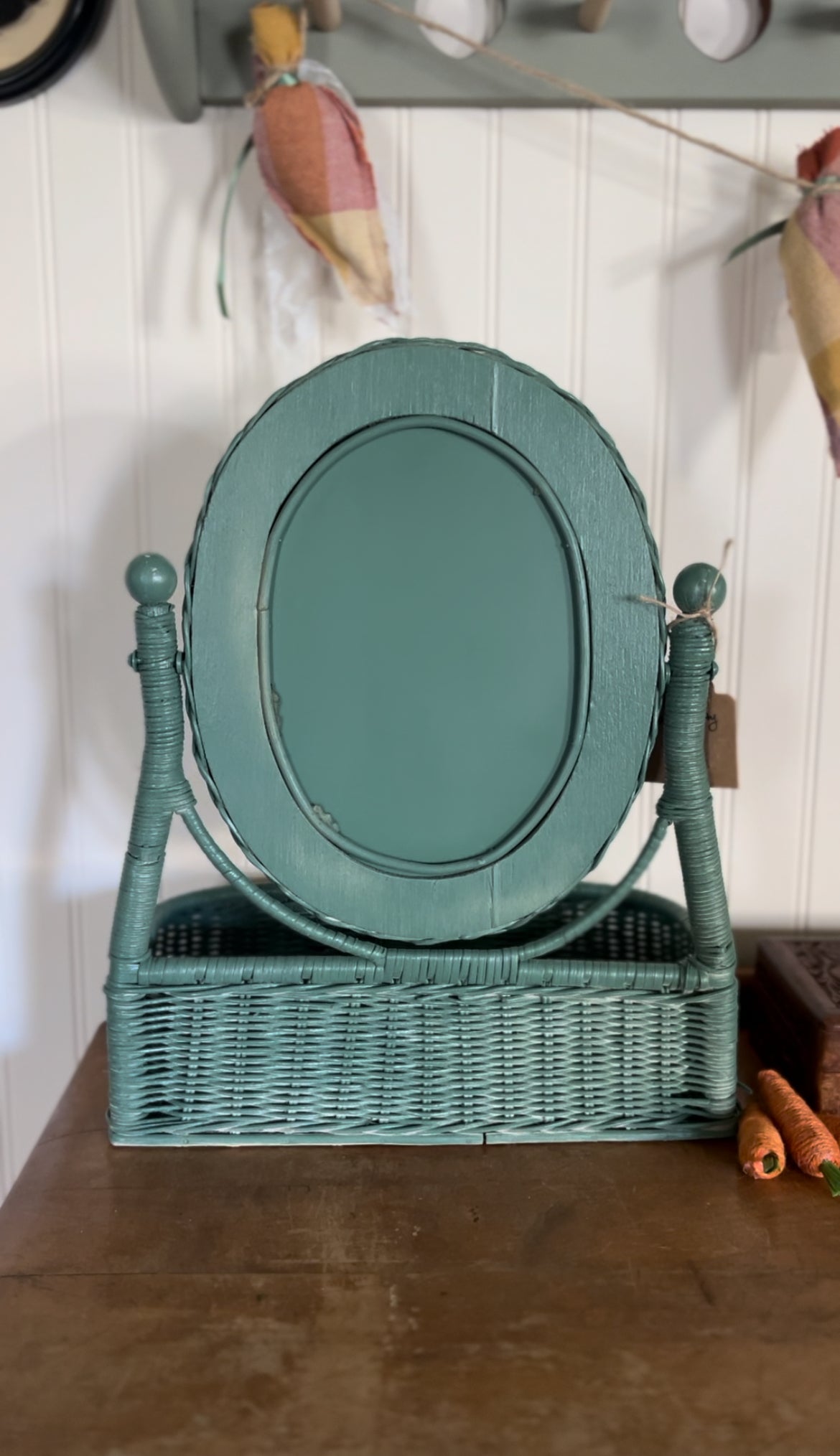 Refinished Wicker Vanity Mirror with Attached Basket