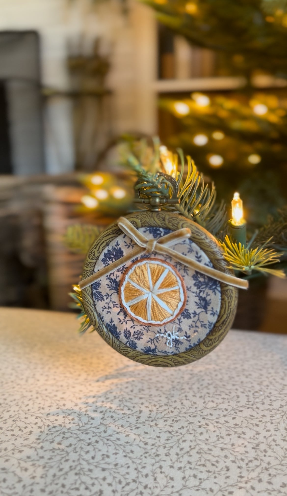 Small Dried Orange Blue Floral Embroidery Ornament