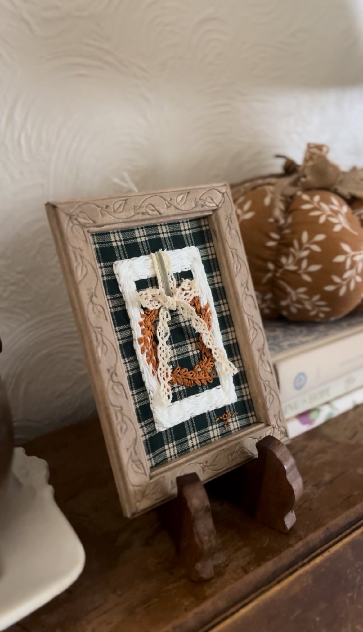 White Wicker Frame with Fall Wreath on Green Plaid Fabric Embroidery Art in a Hand-made Wooden Frame