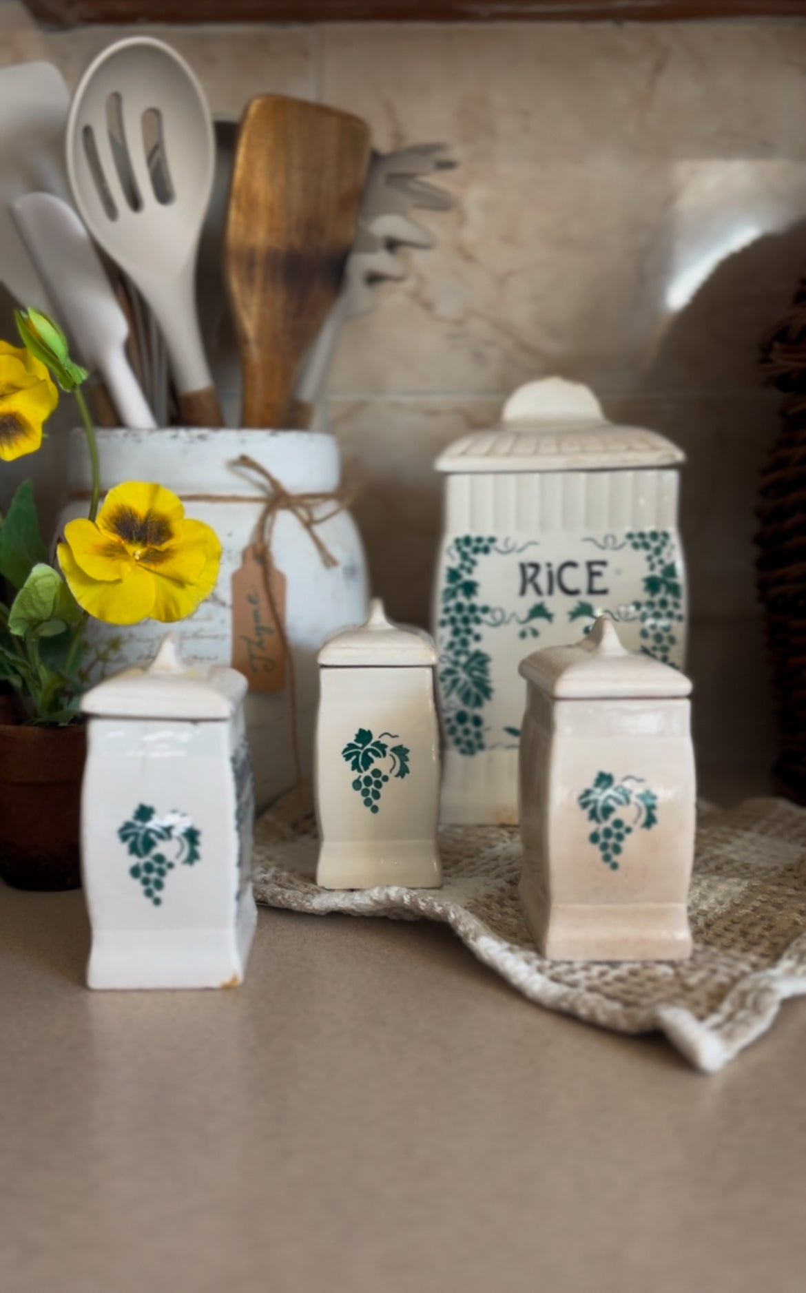 Ceramic Canister Set made in Germany (ginger sold. Rice, cloves, and cinnamon left)