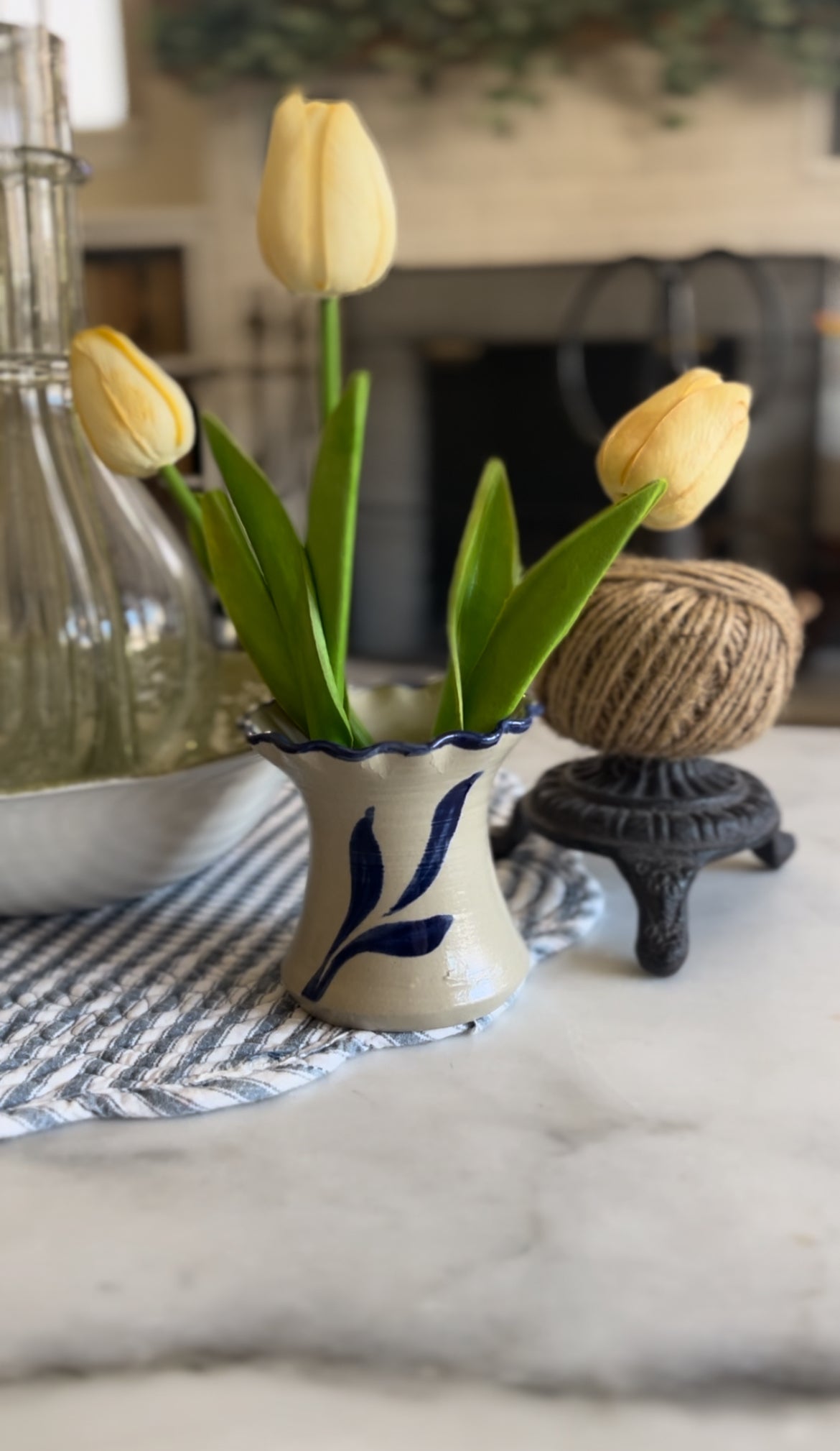 Williamsburg Pottery Blue Flower Ruffle Stoneware Vase (flowers not included)