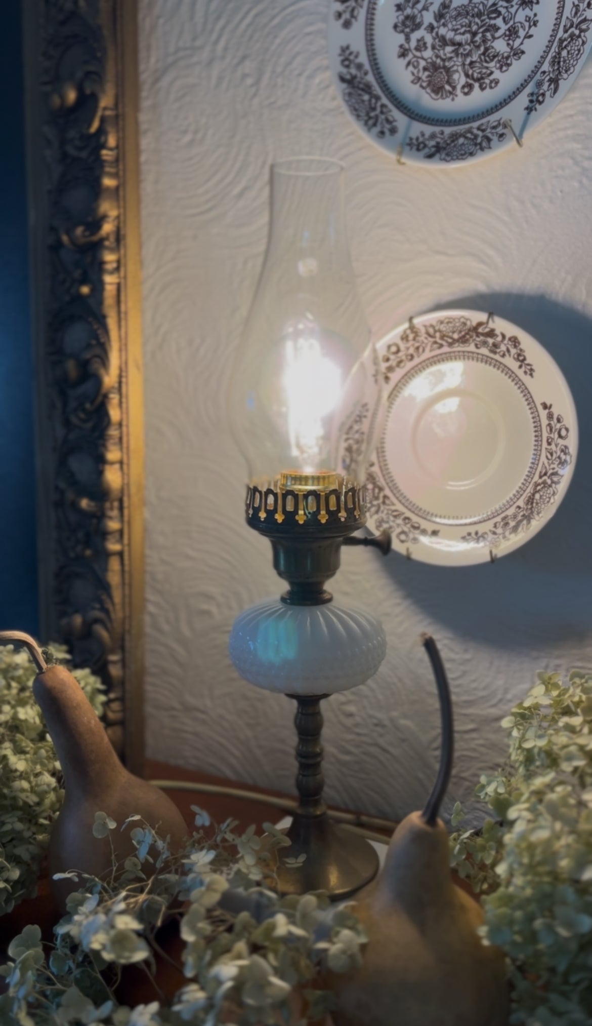 Set of 2 Milk glass, Brass, and Marble Hurricane Lamps