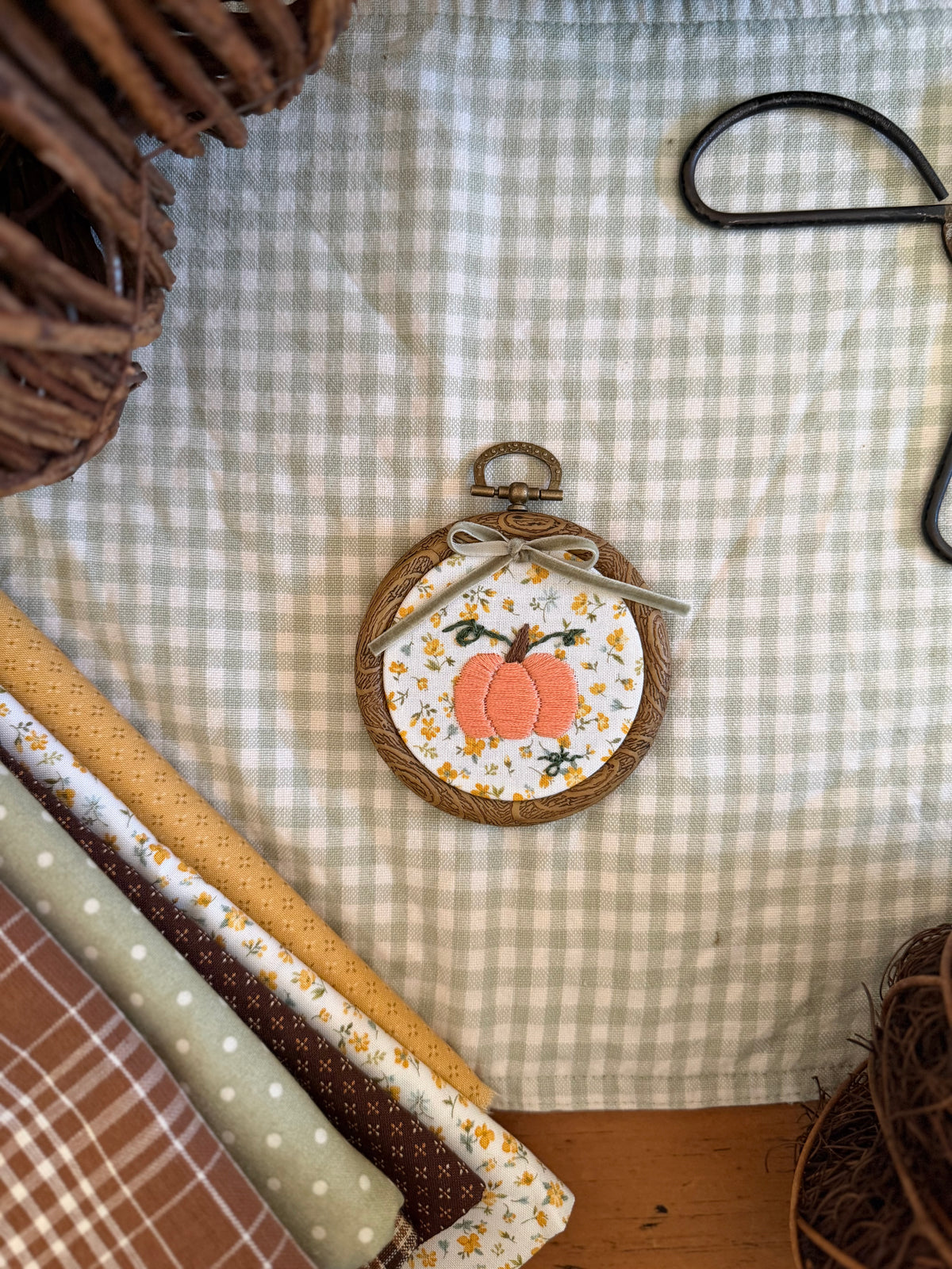 Pumpkin on Yellow Floral Fabric Mini Embroidery Magnet