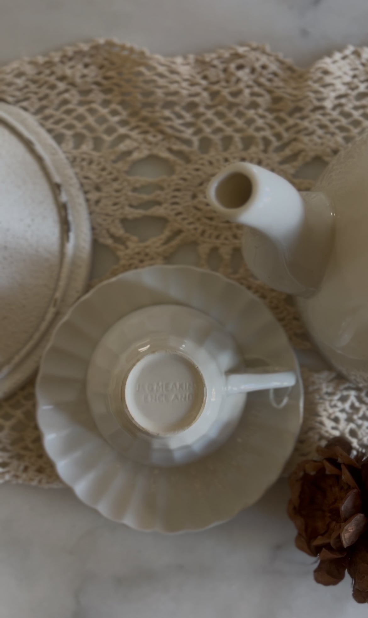 White Ironstone Ribbed Teacup and Saucer (5 left)
