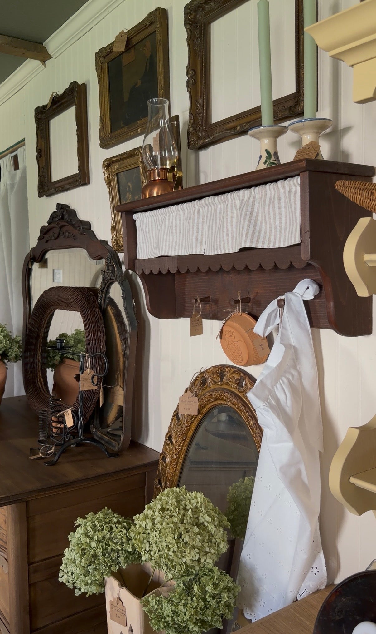 Refinished Wooden Peg Shelf with Scallops and Curtain