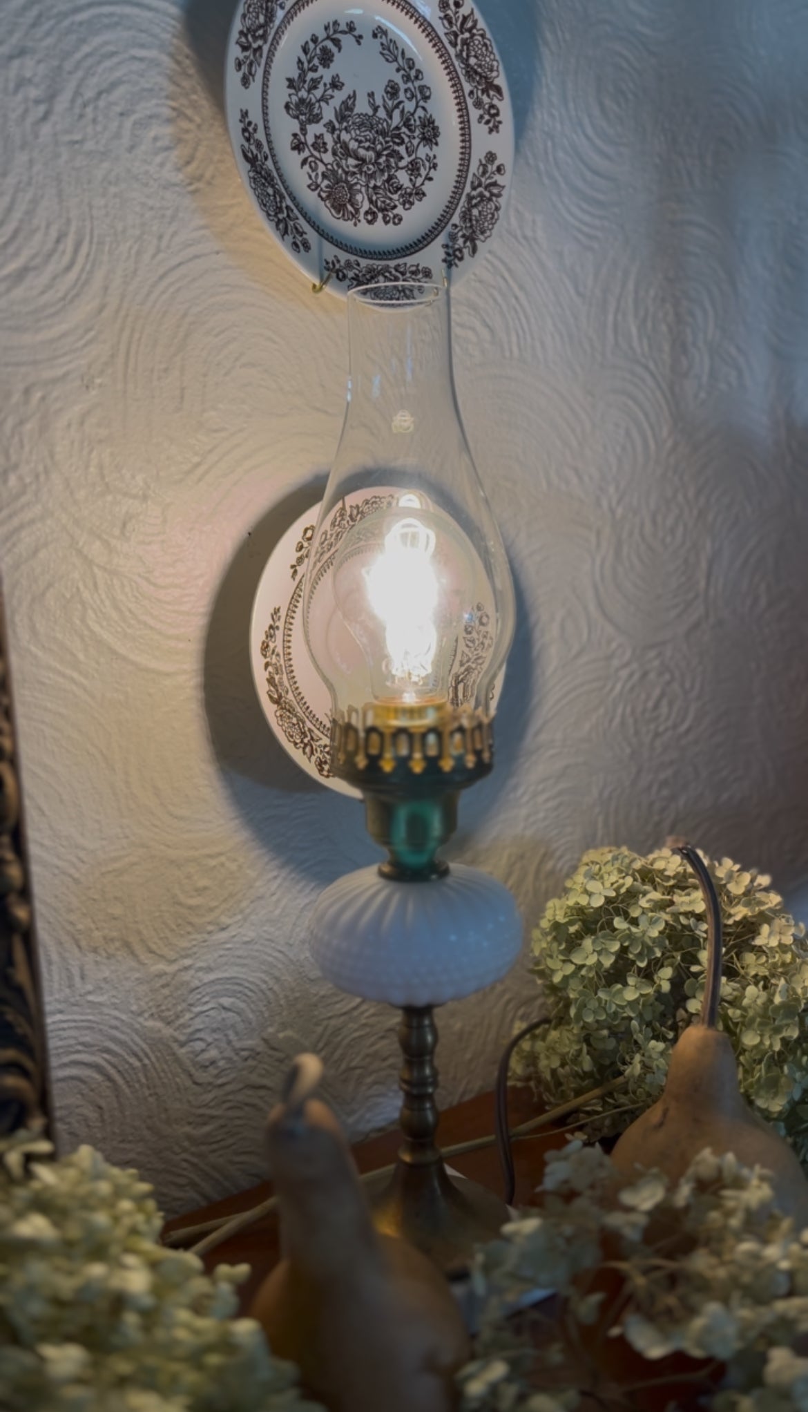 Set of 2 Milk glass, Brass, and Marble Hurricane Lamps