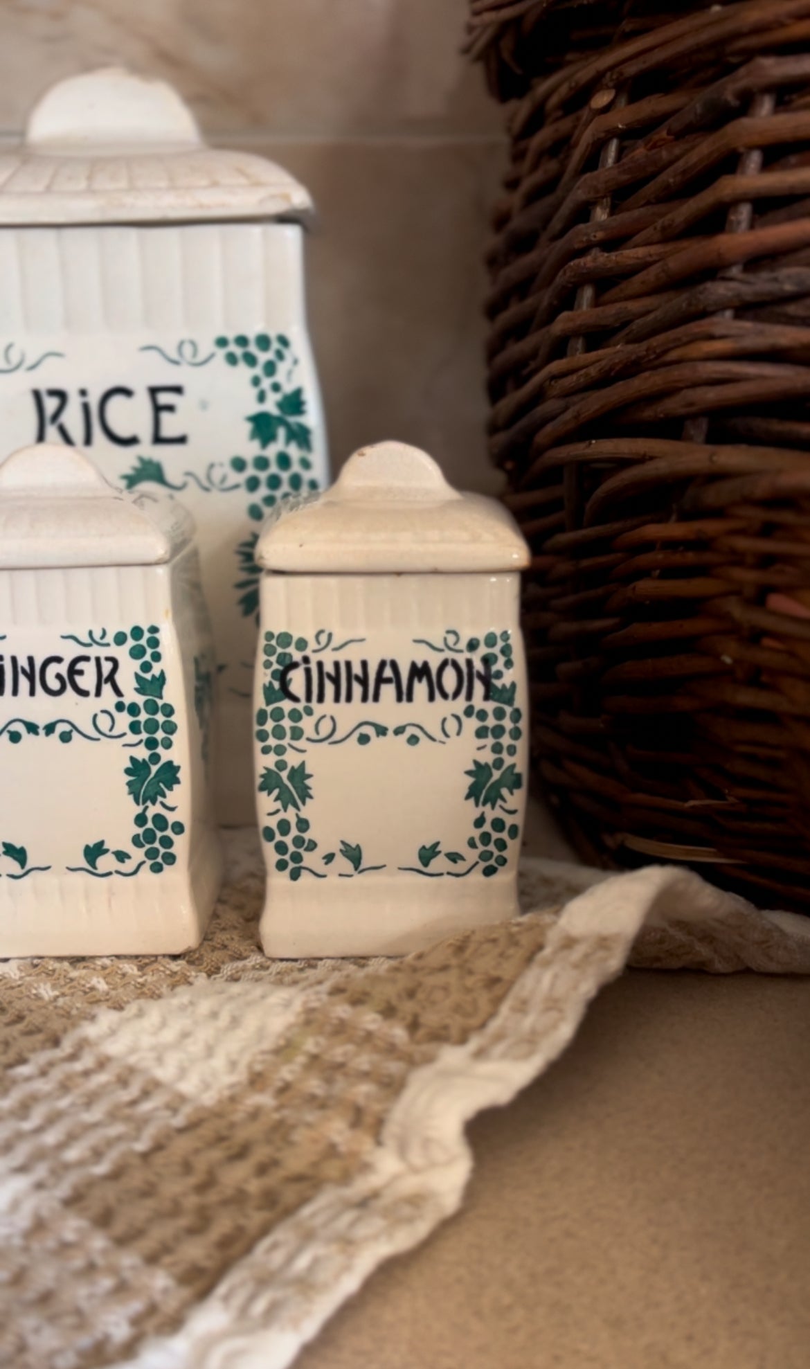 Ceramic Canister Set made in Germany (ginger sold. Rice, cloves, and cinnamon left)