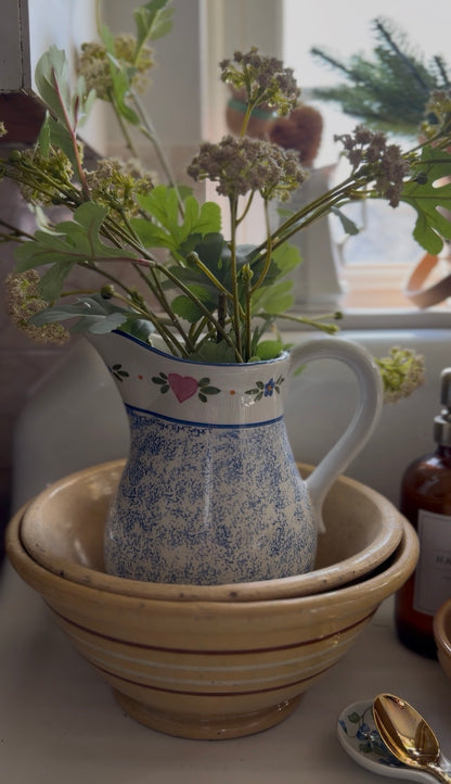 Vintage R.B. Bernarda Portuguese Pottery Blue Sponged Heart Pitcher