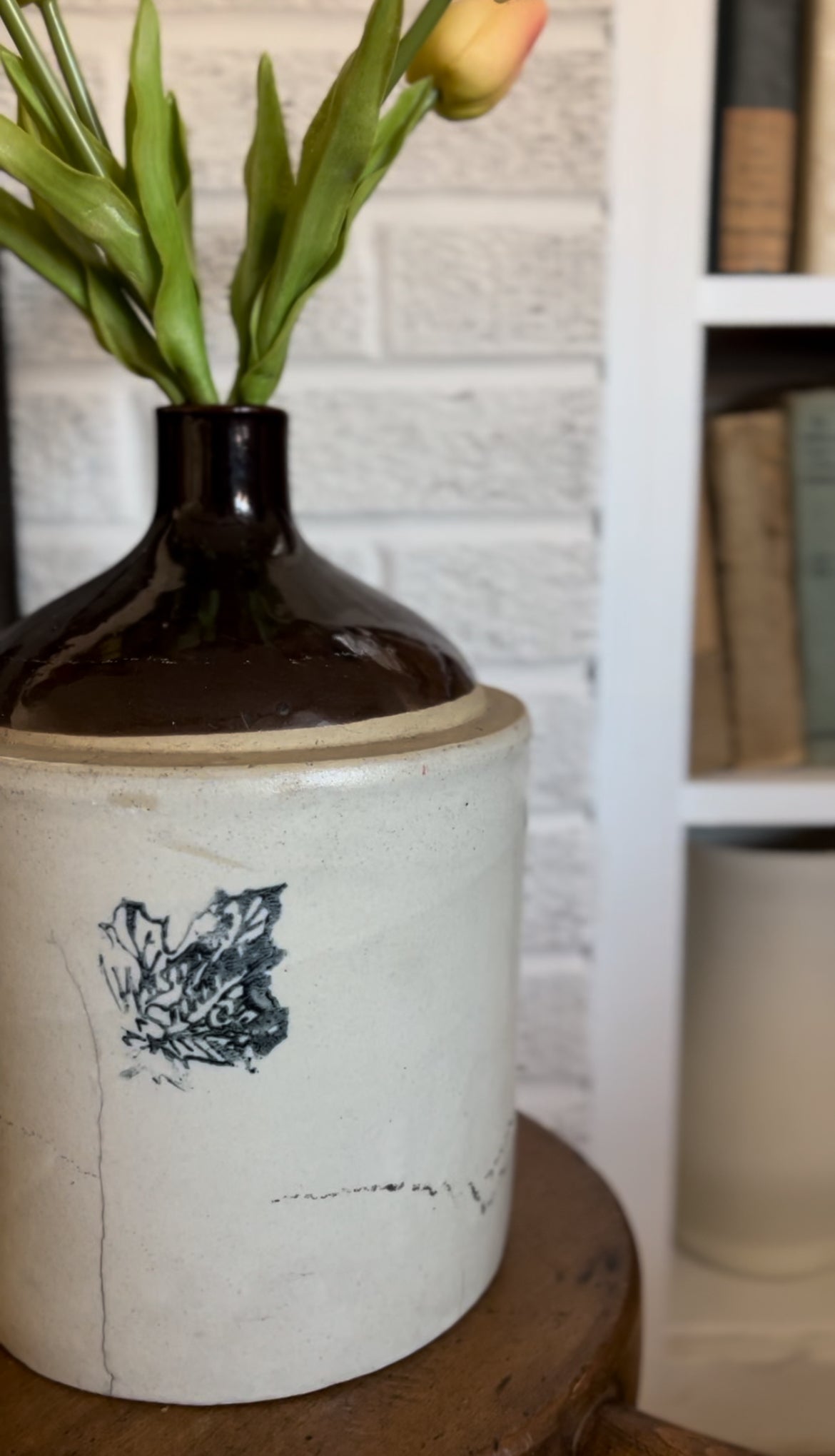 Antique "Western Stoneware" Jug Crock with Pink Tulips