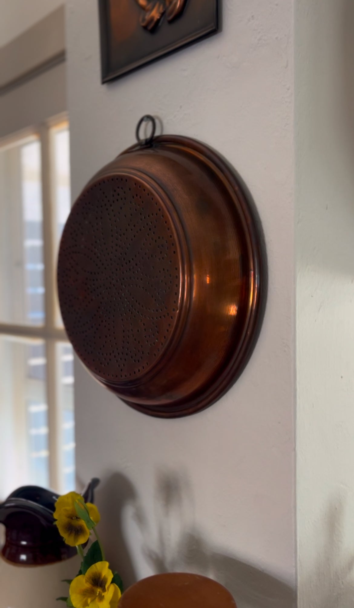 Large Vintage Copper Strainer with Flower Pattern