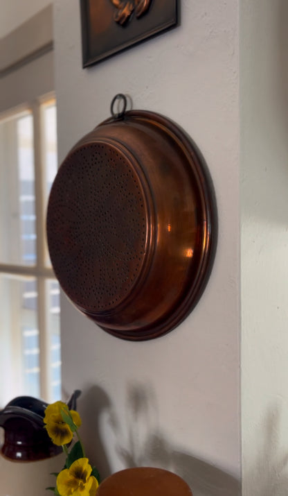 Large Vintage Copper Strainer with Flower Pattern