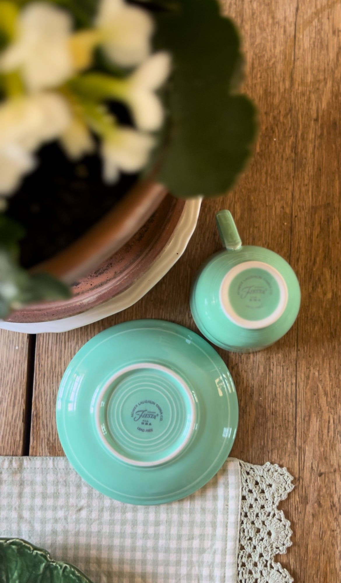 Set of 4 Fiesta Mint Green Teacups and Saucers by Homer Laughlin