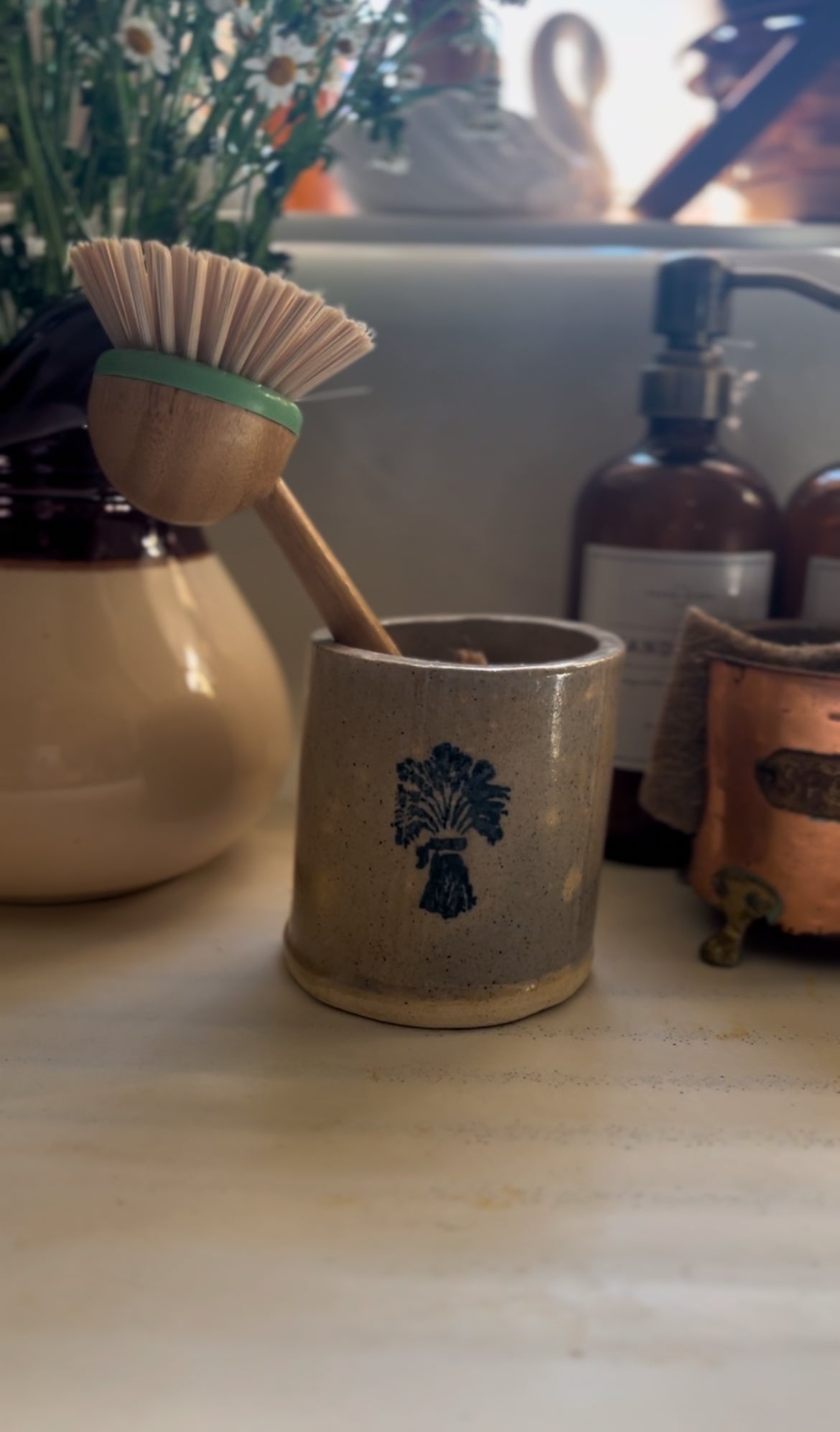 Small Pottery Vase with Blue Floral Stamp