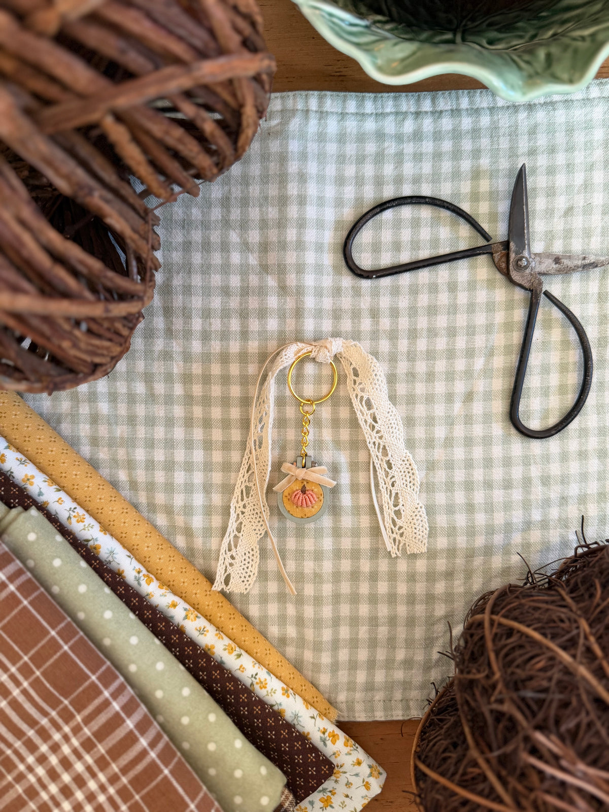 Pumpkin on Yellow Fabric Embroidery Keychain