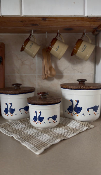 Set of 3 Vintage Rosenthal Netter Blue Geese Ceramic Canisters with Hand-Made Wooden Lids