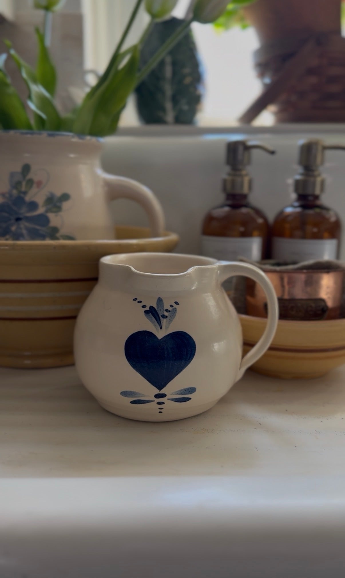 East Texas Pottery Pitcher with Blue Heart Design
