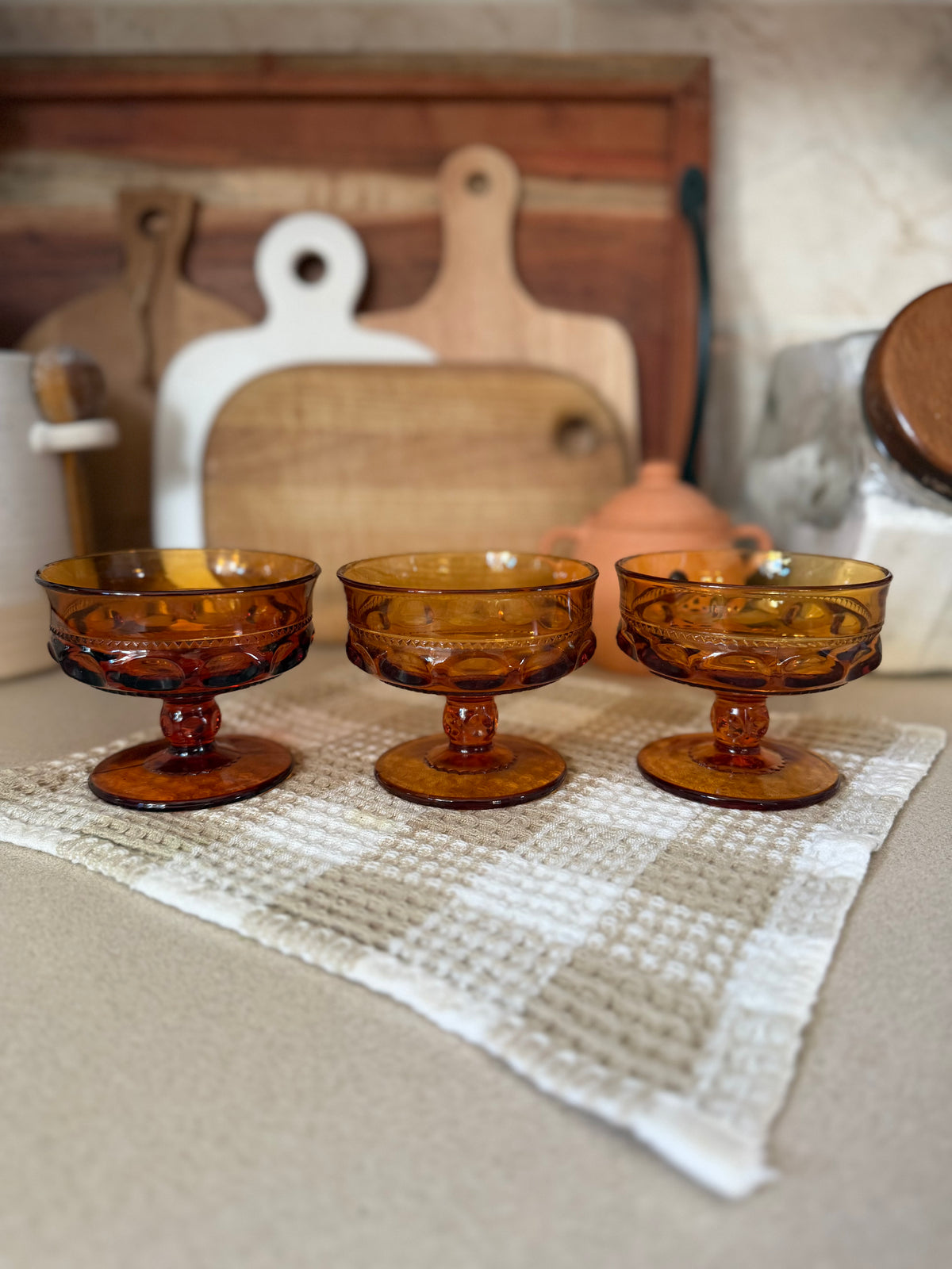 Set of 3 Vintage King's Crown Thumbprint Dessert Glasses by Indiana Glass