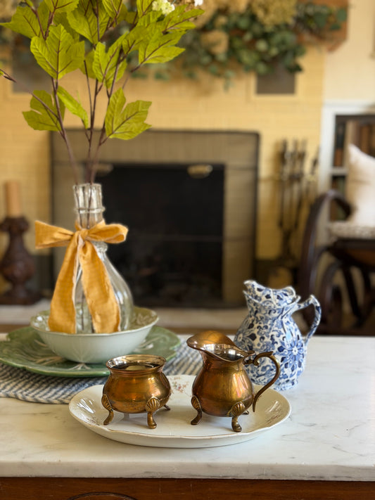 Brass Claw-Foot Sugar and Creamer Set with Silver Interior