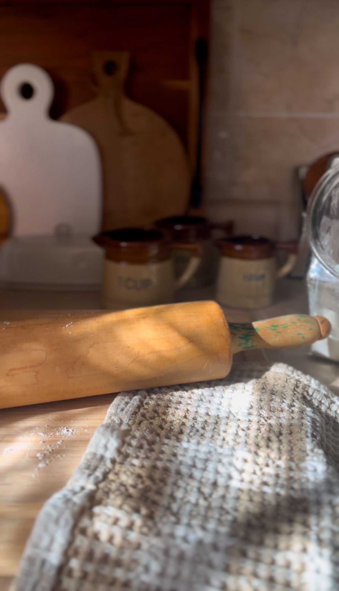 Vintage Solid Wood Rolling Pin with Chippy Green Paint