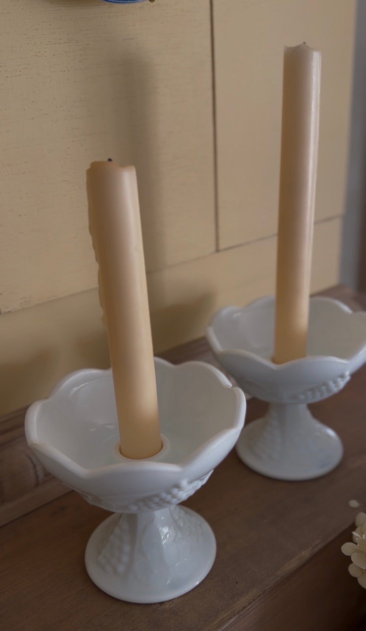 Milk Glass Scalloped Candle Holders with Grape Motif - Set of 2 (candles not included)