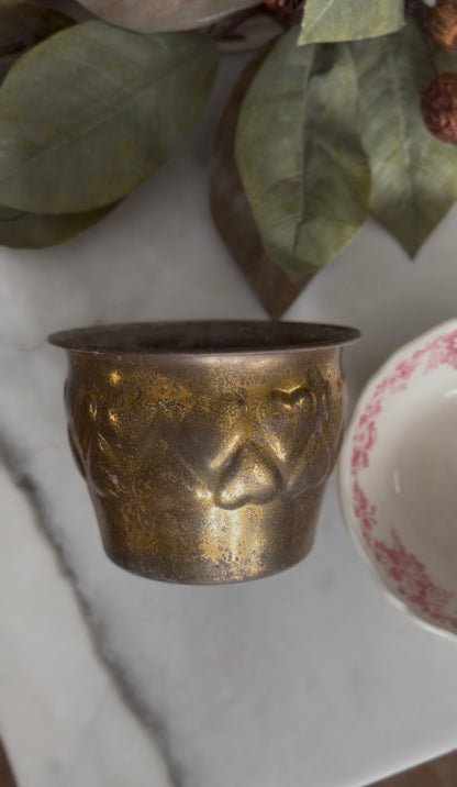 Brass Heart Planter with Red Floral Meakin Staffordshire England Bowl (flowers not included)