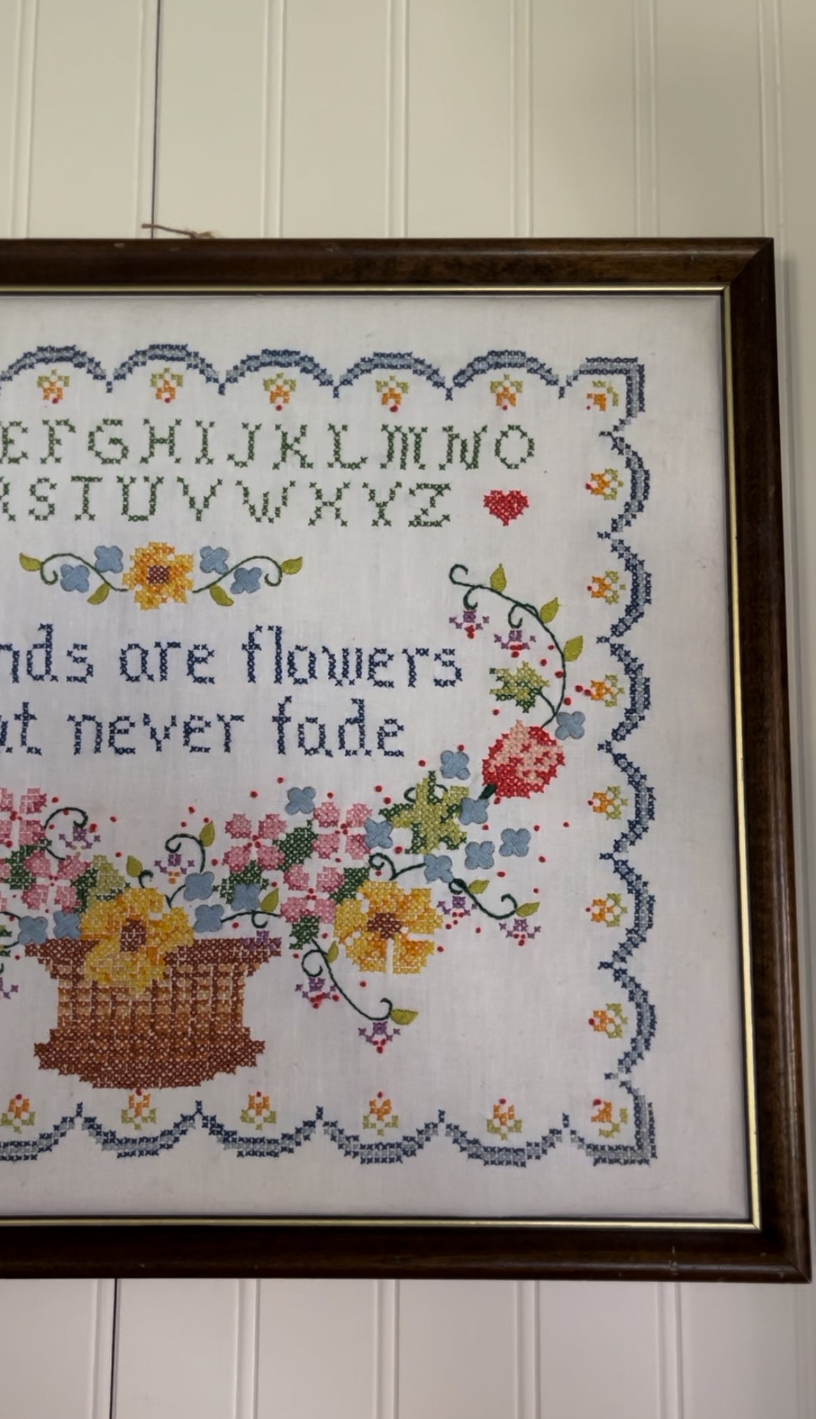 Vintage Cross Stitch "friends are flowers that never fade" Floral Alphabet Art