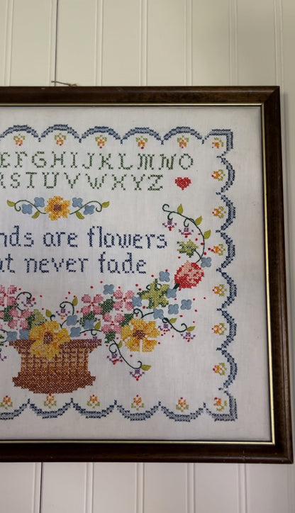 Vintage Cross Stitch "friends are flowers that never fade" Floral Alphabet Art