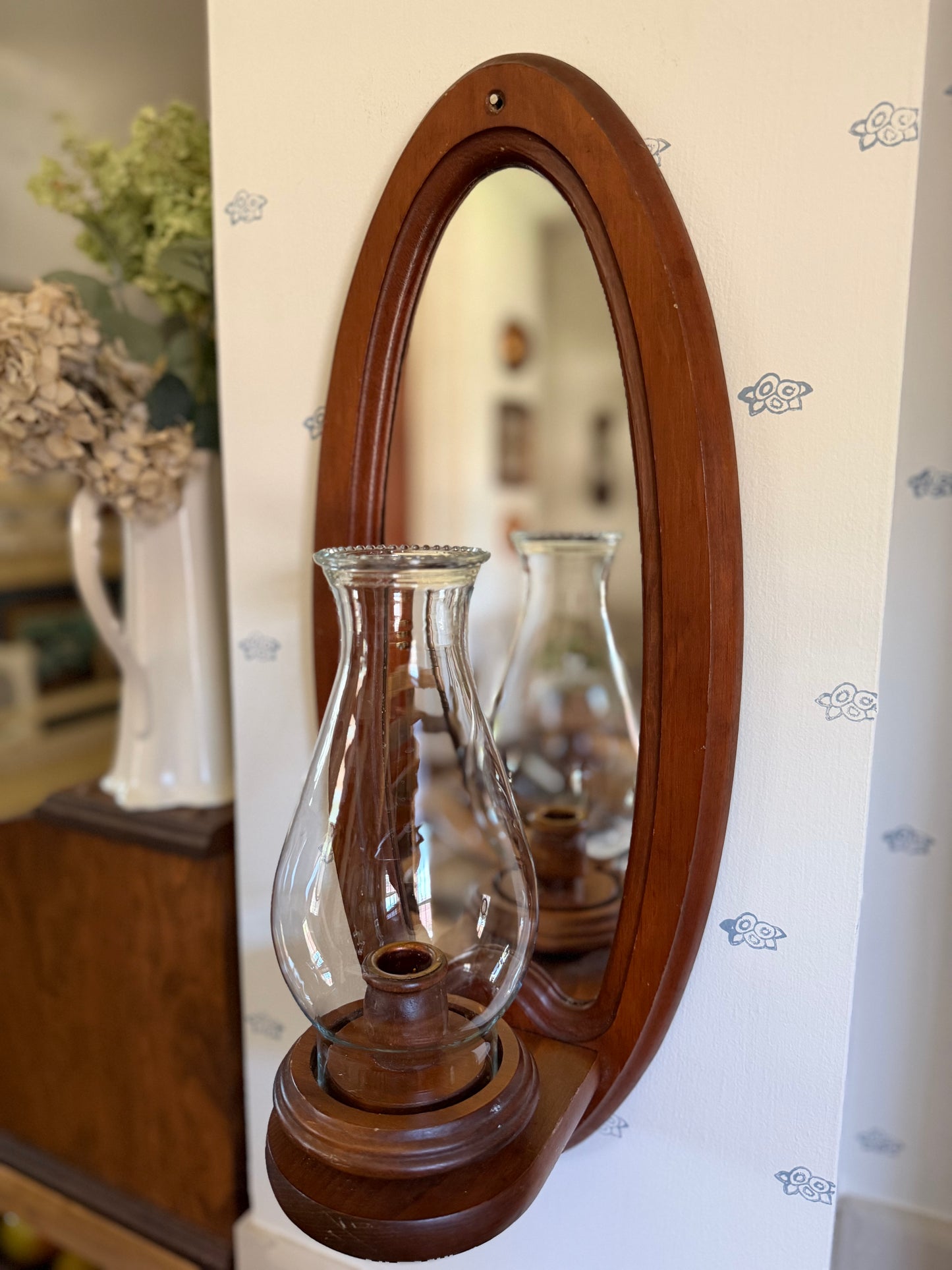 Large Mirrored Wooden Sconce with Hurricane Globe