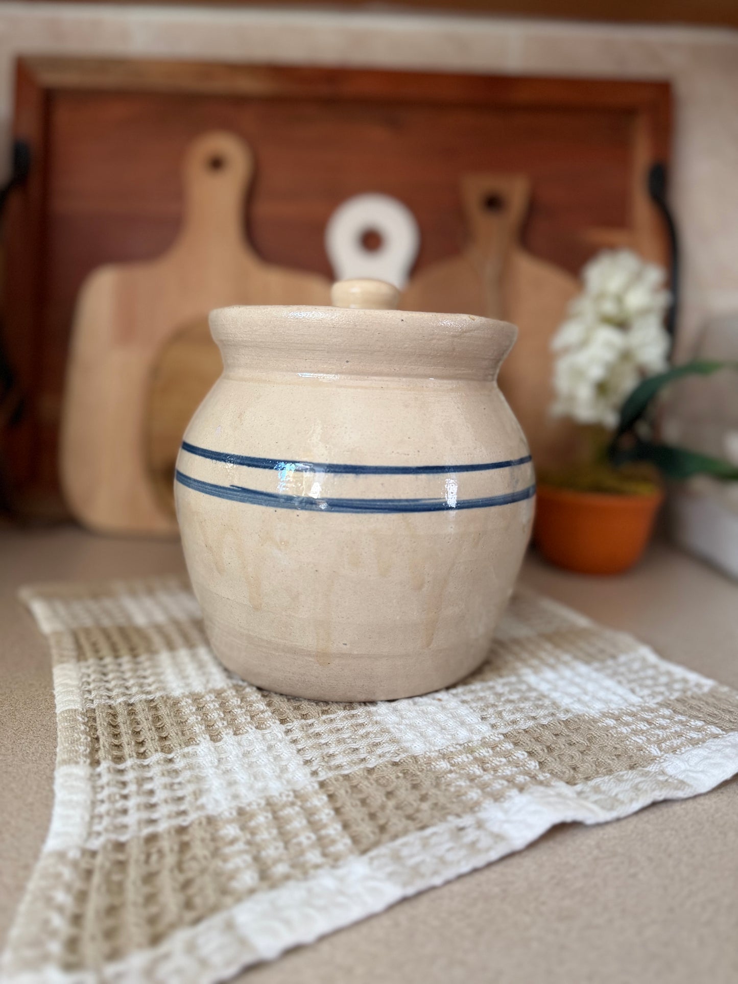 Blue Striped Stoneware Jar with Lid