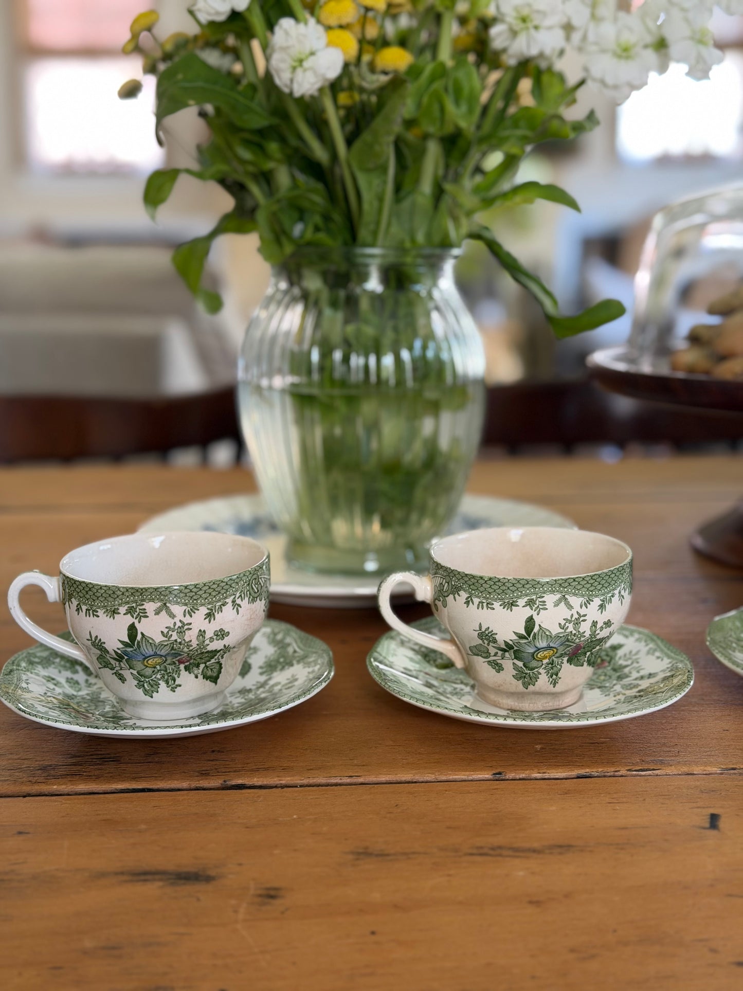 Set of 4 Enoch Wedgwood Green Floral Teacups and Saucers