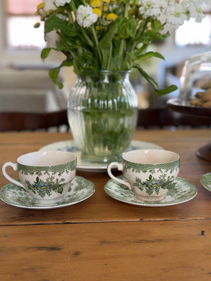 Set of 4 Enoch Wedgwood Green Floral Teacups and Saucers