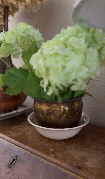 Brass Heart Planter with Red Floral Meakin Staffordshire England Bowl (flowers not included)