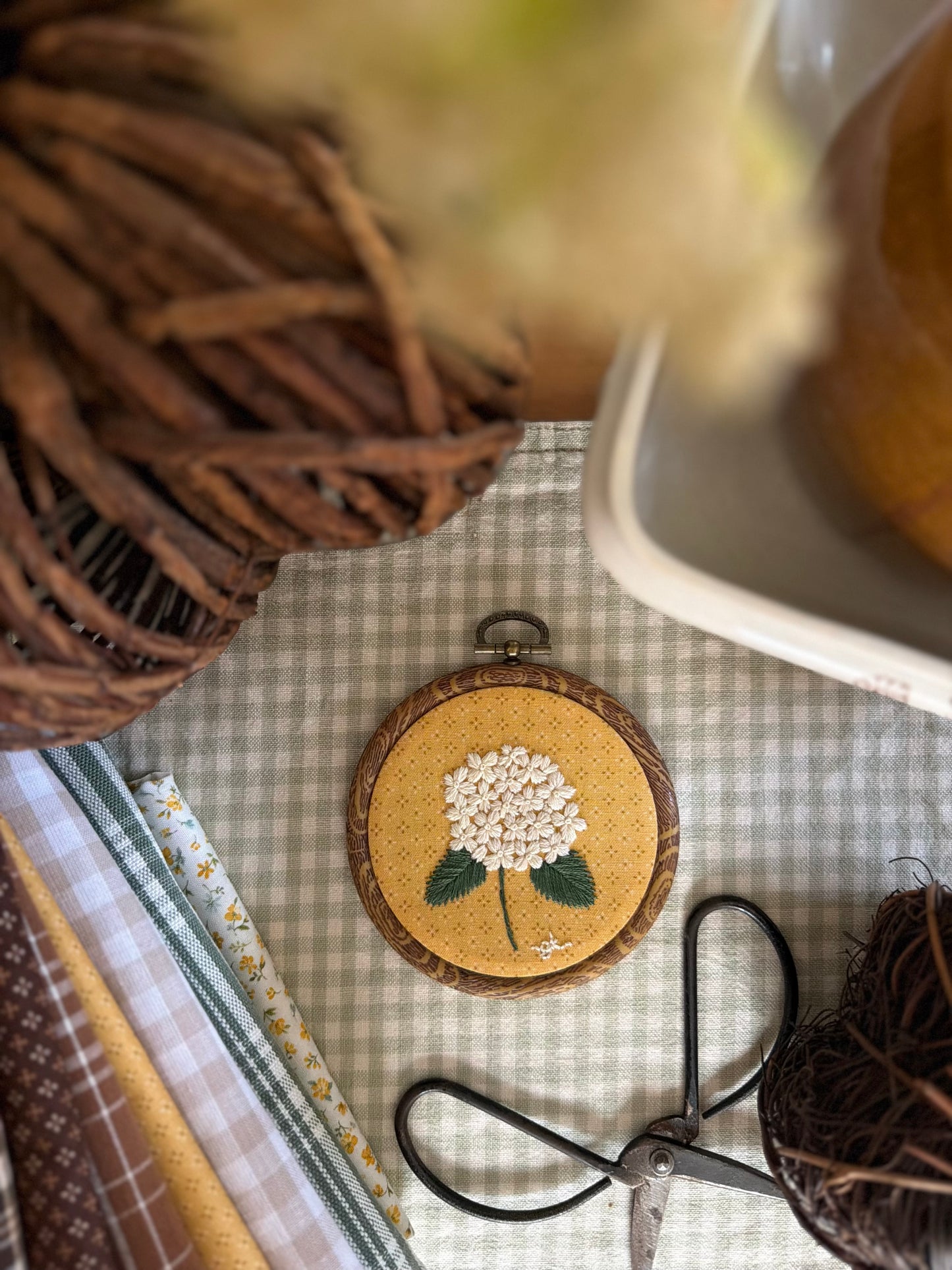 White Hydrangea on Yellow Fabric Embroidery Magnet