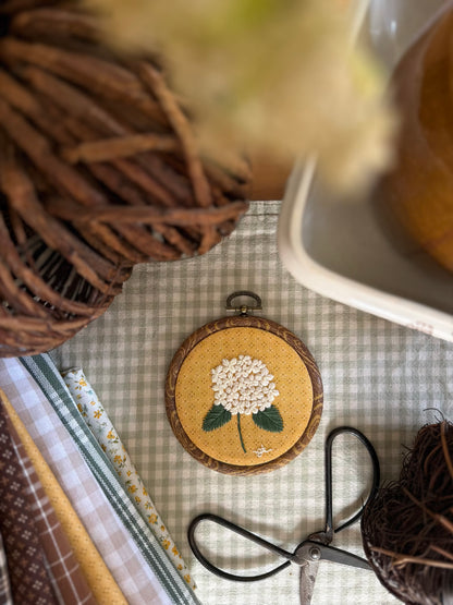 White Hydrangea on Yellow Fabric Embroidery Magnet