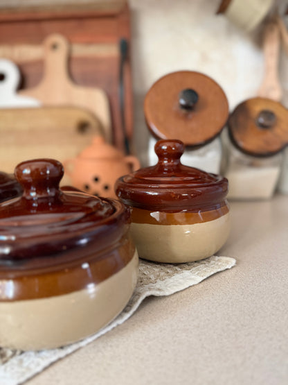 Set of 4 Brown Stoneware Soup Crocks made in Taiwan