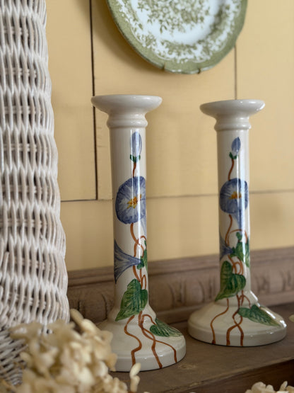 Hand-painted Morning Glory Ceramic Candle Holders made in Italy