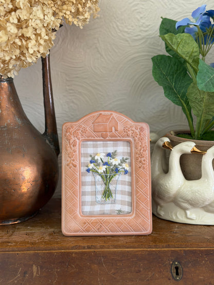 Floral Bouquet in a Vase Embroidery Art in Terra Cotta Frame