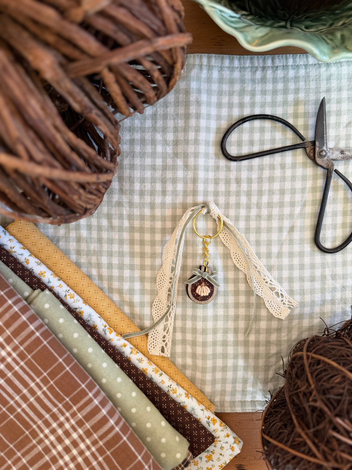 Pumpkin on Brown Fabric Embroidery Keychain